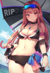 1girl, absurdres, armband, bangs, bare shoulders, beach umbrella, bikini, blush, bracelet, breasts, choker, cleavage, cloud, cloudy sky, cowboy shot, english text, eyebrows visible through hair, eyewear on head, feet out of frame, fingernails, frilled bikini, frills, glint, groin, heart, highres, holding, hololive, hololive english, jewelry, long hair, looking at viewer, medium breasts, midriff, mori calliope, navel, pink hair, side-tie bikini, sidelocks, skull necklace, sky, smile, solo, standing, sunglasses, swimsuit, sy4, thighs, umbrella, wading, watch, water