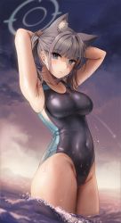 Rule 34 | 1girl, animal ear fluff, animal ears, armpits, arms behind head, arms up, black one-piece swimsuit, blue archive, blue eyes, blush, breasts, competition swimsuit, covered navel, cowboy shot, cross hair ornament, earrings, extra ears, gijang, grey hair, groin, hair ornament, halo, highres, jewelry, looking at viewer, medium breasts, medium hair, ocean, one-piece swimsuit, parted lips, ponytail, shiroko (blue archive), shiroko (swimsuit) (blue archive), solo, standing, swimsuit, wading, water, wet, wet clothes, wet swimsuit