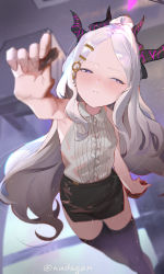 Rule 34 | 1girl, blue archive, blue eyes, blush, candy, chocolate, chocolate heart, food, giving, hair ornament, halo, heart, highres, hina (blue archive), horns, long hair, looking to the side, multiple horns, nuda, open mouth, shirt, signature, silver hair, sleeveless, sleeveless shirt, thighhighs, water drop