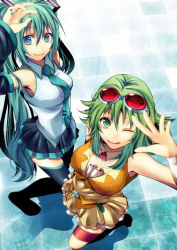 Rule 34 | 2girls, bad id, bad pixiv id, blue eyes, detached sleeves, from above, goggles, goggles on head, green eyes, green hair, gumi, hatsune miku, long hair, multiple girls, necktie, shiomizu (swat), skirt, smile, thighhighs, twintails, very long hair, vocaloid, wink