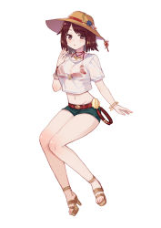 Rule 34 | 1girl, atelier (series), atelier sophie, bangle, belt, bikini, bikini top only, bikini under clothes, blue flower, blue rose, blush, bracelet, breasts, brown eyes, brown hair, cleavage, crop top, cropped shirt, dolphin pendant, flower, full body, hair flower, hair ornament, hand up, hat, high heels, jewelry, knee blush, knees together feet apart, medium breasts, midriff, navel, necklace, pendant, red bikini, rose, ryuuno6, see-through, shirt, short hair, short shorts, short sleeves, shorts, simple background, sitting, solo, sophie neuenmuller, stomach, strappy heels, sun hat, swimsuit, underwear, wet, wet clothes, wet shirt, white background, white shirt