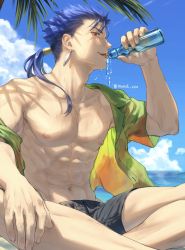 Rule 34 | 1boy, abs, black male swimwear, black shorts, blue hair, bottle, cloud, cu chulainn (fate), cu chulainn (fate/stay night), day, earrings, fate/grand order, fate/stay night, fate (series), hand up, hawaiian shirt, highres, holding, holding bottle, indian style, jewelry, male focus, male swimwear, mondi hl, navel, nipples, open clothes, open shirt, outdoors, ponytail, red eyes, shirt, shorts, sitting, sky, solo, swim trunks, teeth, toned, toned male, tongue, tongue out, twitter username, water bottle
