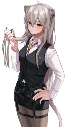 Rule 34 | 1girl, ahoge, animal ears, black nails, black pantyhose, black shorts, black vest, blush, breasts, closed mouth, collared shirt, commentary, cowboy shot, dress shirt, ear piercing, expressionless, grey eyes, hair between eyes, hand on own hip, highres, holding, holding own hair, hololive, jewelry, lion ears, lion girl, lion tail, long hair, long sleeves, medium breasts, moonbell, nail polish, o-ring, official alternate costume, pantyhose, pantyhose under shorts, pendant, piercing, shirt, shirt tucked in, shishiro botan, shishiro botan (button-down), short shorts, shorts, silver hair, simple background, skindentation, solo, straight hair, tail, thigh strap, vest, virtual youtuber, white background, white shirt, wing collar