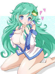 Rule 34 | 1girl, bad id, bad nicoseiga id, blue eyes, blush, bottomless, breasts, cleavage, covered erect nipples, detached sleeves, female focus, frog hair ornament, givuchoko, green hair, hair ornament, hair tubes, hand on own chest, heart, highres, huge breasts, kochiya sanae, long hair, nipples, no bra, open clothes, open mouth, open shirt, shadow, shirt, sitting, solo, touhou, wariza