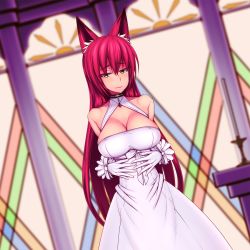 Rule 34 | 1girl, actinium89, animal ears, bare shoulders, breasts, bride, candle, cleavage, closed mouth, collarbone, dress, dutch angle, fox ears, gloves, hair between eyes, hands on own stomach, highres, large breasts, long hair, original, red hair, solo, stained glass, very long hair, wedding dress, white dress, white gloves, yellow eyes