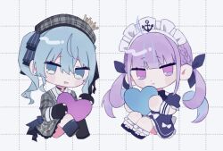 Rule 34 | 2girls, ahoge, anchor symbol, beret, black choker, blue dress, blue eyes, blue hair, blue ribbon, blunt bangs, blush, braid, chibi, choker, closed mouth, colored inner hair, commentary, crown, dress, drill hair, french braid, full body, grey headwear, grey jacket, grey skirt, hair net, hair ribbon, hashtag-only commentary, hat, heart, hololive, hoshimachi suisei, hoshimachi suisei (1st costume), jacket, long hair, looking at viewer, maid, maid headdress, minato aqua, minato aqua (1st costume), mini crown, multicolored hair, multiple girls, open mouth, pink eyes, pink hair, plaid, plaid headwear, plaid skirt, puffy short sleeves, puffy sleeves, ribbon, saifu (saihu715), short sleeves, side ponytail, skirt, twin drills, two-tone hair, virtual youtuber, white background, white wrist cuffs, wrist cuffs