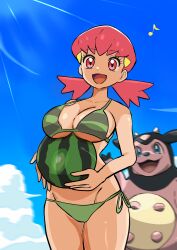 1girl :3 absurdres animal_ears animal_nose bikini blue_eyes blue_sky blurry breasts cleavage cloud commentary_request cone_horns cow cow_ears cowboy_shot creatures_(company) depth_of_field eyelashes food fruit game_freak gen_2_pokemon green_bikini hair_ornament highres holding holding_food holding_fruit holding_watermelon horns large_breasts light_rays looking_at_viewer makademia miltank musical_note nintendo open_mouth outdoors pink_eyes pink_hair pokemon pokemon_(creature) pokemon_hgss sky smile string_bikini sunlight swimsuit twintails watermelon whitney_(pokemon)