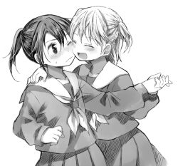 Rule 34 | 2girls, ;(, blush, cheek-to-cheek, greyscale, hachiko (hati12), hand on another&#039;s shoulder, heads together, holding hands, monochrome, multiple girls, one side up, original, pleated skirt, ponytail, school uniform, serafuku, short ponytail, short twintails, simple background, skirt, smile, twintails, upper body, wavy mouth, white background, yuri