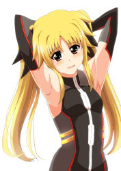 Rule 34 | 1girl, armpits, arms behind head, arms up, azumaya hironaru, bare shoulders, black gloves, blonde hair, blush, breasts, elbow gloves, fate testarossa, fate testarossa (blaze form ii), gloves, hair ornament, hair ribbon, long hair, looking at viewer, lyrical nanoha, mahou shoujo lyrical nanoha, mahou shoujo lyrical nanoha a&#039;s, open mouth, red eyes, ribbon, simple background, small breasts, smile, solo, standing, tongue, twintails, upper body, white background