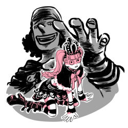 Rule 34 | 1boy, 1girl, all fours, artist request, capelet, crop top, crown, disgust, drill hair, eyelashes, long hair, long nose, long sleeves, looking at another, looking at viewer, one piece, open mouth, perona, pink hair, red capelet, shaded face, shirt, simple background, skirt, smile, tongue, tongue out, twintails, twitter username, usopp, very long hair, white shirt