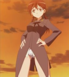 Rule 34 | 00s, 1girl, bottomless, gertrud barkhorn, hands on own hips, no pants, panties, screencap, solo, stitched, strike witches, third-party edit, twintails, underwear, world witches series