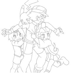 Rule 34 | 1girl, 2boys, age difference, aged down, ash ketchum, creatures (company), crying, game freak, gen 1 pokemon, gloves, greyscale, james (pokemon), jessie (pokemon), monochrome, multiple boys, nintendo, pikachu, pokemon, pokemon (anime), pokemon (classic anime), pokemon xy (anime), rn (nyasuke), scared, sketch, streaming tears, tears, tongue, tongue out, white background, worried