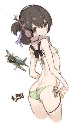 Rule 34 | 10s, 1girl, aircraft, airplane, artist name, ass, bad id, bad twitter id, bikini, breasts, brown eyes, brown hair, butt crack, cable, cropped legs, duplicate, folded ponytail, from behind, goekawa, green bikini, headphones, kantai collection, kasuga maru (kancolle), looking at viewer, looking back, ribbon, side-tie bikini bottom, sideboob, simple background, small breasts, solo, swimsuit, taiyou (kancolle), white background