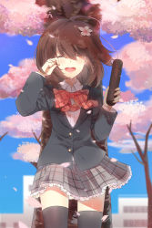 Rule 34 | 1girl, bad id, bad pixiv id, bow, brown hair, cherry blossoms, crying, diploma, closed eyes, graduation, highres, original, p0ckylo, petals, school uniform, short hair, smile, solo, tears, thighhighs, tree, tube