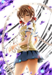 Rule 34 | 10s, 1girl, brown eyes, brown hair, guilty crown, hair ribbon, looking at viewer, looking back, menjou hare, mura chidori, pleated skirt, ribbon, school uniform, short twintails, skirt, solo, sweater vest, twintails