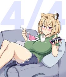 Rule 34 | 1girl, animal ear fluff, arknights, blonde hair, blue shorts, blue tail, breasts, cake, camerata, couch, dated, fang, feet out of frame, food, fork, green shirt, happy birthday, highres, holding, holding fork, holding phone, large breasts, looking at viewer, milk, on couch, phone, puffy short sleeves, puffy sleeves, purple eyes, shirt, short hair, short sleeves, shorts, skin fang, solo, thighs, utage (arknights)