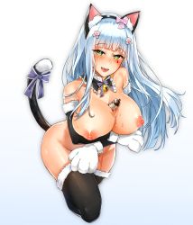 Rule 34 | 1girl, alternate costume, animal ear fluff, animal ears, animal hands, arm across waist, arm under breasts, armpit peek, bell, between breasts, bishi (bishi), black hairband, black thighhighs, blunt bangs, blush, bow, breasts, cat ears, cat paws, cat tail, choker, collarbone, elbow gloves, eyes visible through hair, fake animal ears, frilled choker, frills, fur-trimmed gloves, fur-trimmed legwear, fur trim, girls&#039; frontline, gloves, gradient background, green eyes, hair ornament, hairband, hairclip, half-closed eyes, head tilt, highres, hk416 (girls&#039; frontline), large breasts, liquid, long hair, looking at viewer, lotion, lotion bottle, makeup, neck bell, nipples, nude, open mouth, paw print, paw print pattern, pink bow, pink ribbon, purple bow, purple ribbon, ribbon, saliva, sidelocks, simple background, smile, solo, tail, teardrop, thighhighs, thighs, underwear, white hair