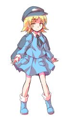 Rule 34 | 1girl, alphes (style), blonde hair, blue footwear, blue hat, blue shirt, blue skirt, boots, closed mouth, collared shirt, dairi, eyebrows, full body, hair ornament, hat, kappa mob (touhou), legs apart, long sleeves, miniskirt, parody, parted bangs, pouch, puffy long sleeves, puffy sleeves, shirt, short hair, simple background, skirt, skirt set, smile, solo, standing, style parody, tachi-e, touhou, transparent background, white background, x hair ornament, yellow eyes