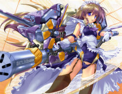 Rule 34 | 1girl, :o, absurdres, ahoge, apron, armband, ascot, blue eyes, blurry, blush, brown hair, brown thighhighs, depth of field, dual wielding, embarrassed, english text, engrish text, fighting stance, flat chest, foreshortening, frills, garter straps, gatling gun, gloves, groin, gun, hair between eyes, handgun, highres, holding, huge weapon, komatsu eiji, lace, long hair, looking at viewer, looking back, maid, maid apron, maid headdress, mecha, mecha musume, multicolored hair, one-piece swimsuit, purple hair, ranguage, robot, school swimsuit, school swimsuit flap, sidelocks, skirt, solo, standing, surprised, swimsuit, swimsuit costume, swimsuit under clothes, thighhighs, transparent, two-tone hair, very long hair, weapon, white gloves, wind, wind lift