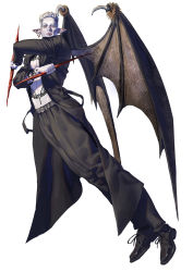 Rule 34 | 1boy, absurdres, arm tattoo, bat wings, belt, black coat, black footwear, blood, chest tattoo, coat, cross, crystal, dual wielding, earrings, facial tattoo, finger tattoo, grey hair, hair slicked back, heo sung-moo, highres, holding, holding weapon, jewelry, lip piercing, male focus, mole, mole under eye, original, pale skin, pectorals, piercing, pointy ears, pubic tattoo, simple background, slit pupils, solo, stomach tattoo, tattoo, vampire, weapon, white background, wings, x