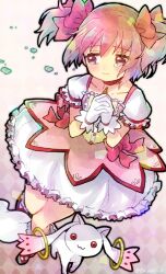 Rule 34 | 1girl, :3, bow, bubble skirt, buttons, closed mouth, collarbone, crying, doradorakingyo, eyelashes, frills, gloves, kaname madoka, kyubey, mahou shoujo madoka magica, mahou shoujo madoka magica (anime), own hands clasped, own hands together, pink bow, pink hair, pink shirt, puffy short sleeves, puffy sleeves, red eyes, shirt, short sleeves, short twintails, skirt, smile, socks, soul gem, streaming tears, tears, twintails, twitter username, white background, white gloves, white socks