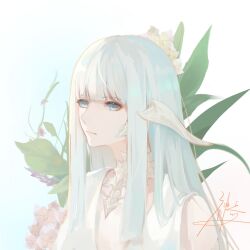 Rule 34 | 1girl, aqua eyes, aqua hair, au ra, blunt bangs, blunt ends, collarbone, dragon girl, expressionless, final fantasy, final fantasy xiv, flower, flower request, from side, gradient background, highres, hime cut, horns, leaf, long hair, looking ahead, nwsy, original, portrait, scales, shirt, signature, sleeveless, solo, white shirt