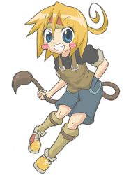 Rule 34 | 1girl, ahoge, bad id, bad twitter id, batzip, blonde hair, blue eyes, blush, boots, cow tail, denim, headband, jeans, open mouth, original, overalls, pants, short hair, smile, solo, tail
