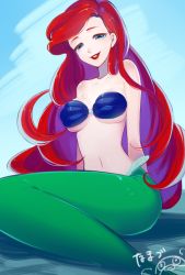 Rule 34 | 1girl, ariel (disney), arms at sides, bare arms, bare shoulders, blue background, blue eyes, breasts, disney, eyelashes, half-closed eyes, long hair, looking at viewer, medium breasts, mermaid, monster girl, namazu (dc 27546), navel, parted lips, red hair, red lips, shell, shell bikini, signature, smile, solo, the little mermaid, underboob, very long hair