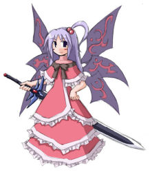 Rule 34 | 1girl, ahoge, female focus, full body, hair bobbles, hair ornament, hand on own hip, lowres, multiple wings, mystic square, oversized object, shinki (touhou), simple background, solo, sword, touhou, touhou (pc-98), weapon, white background, wings