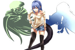 Rule 34 | arc system works, blue hair, dizzy (guilty gear), guilty gear, necro (guilty gear), red eyes, shorts, simple background, tail, thighhighs, undine (guilty gear), wings