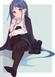 Rule 34 | alternate costume, black pantyhose, blue eyes, blue hair, boots, feet, highres, kantai collection, long hair, panties, panties under pantyhose, pantyhose, pantyshot, samidare (kancolle), sitting, striped clothes, striped panties, toes, underwear, unworn boots, uut, very long hair, winter clothes