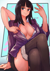 Rule 34 | 1girl, aosora2823, arm behind back, arm up, black hair, blue eyes, blunt bangs, blush, border, breasts, breasts apart, brown thighhighs, buttons, closed mouth, collared shirt, crossed legs, extra arms, feet out of frame, hana hana no mi, hand rest, hand up, highres, jacket, large breasts, long hair, long sleeves, looking at viewer, nico robin, no bra, one piece, outside border, partially unbuttoned, petals, purple jacket, shiny skin, shirt, shorts, sitting, smile, solo, tan, teasing, thighhighs, twitter username, white shirt, wing collar