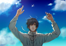 Rule 34 | 1boy, aircraft, airplane, arms up, black hair, blue sky, cloud, day, hair between eyes, highres, inuyashiki, long sleeves, looking at viewer, male focus, outdoors, satou6565, shishigami hiro, sky, solo, standing