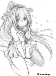 Rule 34 | 10s, 1girl, :o, bare shoulders, breasts, cherry blossoms, chicken99, commentary request, detached sleeves, female focus, flower, greyscale, hair between eyes, hair flower, hair ornament, headgear, highres, kantai collection, large breasts, long hair, looking at viewer, monochrome, open mouth, petals, pleated skirt, ponytail, simple background, single sock, single thighhigh, sitting, skirt, socks, solo, thighhighs, twitter username, v arms, very long hair, wariza, white background, yamato (kancolle)