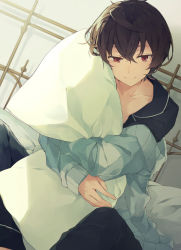 Rule 34 | 1boy, bed, brown hair, closed mouth, collarbone, enomoto hina, ensemble stars!, highres, indoors, male focus, hugging object, on bed, pajamas, pillow, pillow hug, red eyes, sakuma ritsu, sitting, sleeves past wrists, smile, solo