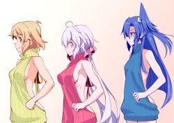 Rule 34 | 10s, 3girls, ahoge, aran sweater, backless dress, backless outfit, bare shoulders, blue sweater, breast envy, breasts, brown eyes, brown hair, cable knit, comparison, dress, empty eyes, from side, frown, hair between eyes, halterneck, hand on own hip, highres, kazanari tsubasa, kurihara kenshirou, large breasts, long hair, looking down, medium breasts, meme attire, multiple girls, naked sweater, one side up, red sweater, ribbed sweater, senki zesshou symphogear, shaded face, short hair, side ponytail, sideboob, small breasts, smile, sweater, sweater dress, tachibana hibiki (symphogear), turtleneck, turtleneck sweater, very long hair, virgin killer sweater, wavy mouth, yellow sweater, yukine chris