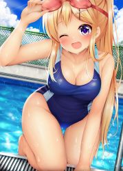 Rule 34 | 1girl, ;d, arm support, arm up, bare arms, bare shoulders, blonde hair, blue one-piece swimsuit, blue sky, blush, breasts, chain-link fence, cleavage, cloud, cloudy sky, commentary request, competition swimsuit, day, fence, groin, hair ornament, hairclip, head tilt, highres, kin-iro mosaic, kujou karen, large breasts, long hair, minato ojitan, one-piece swimsuit, one eye closed, on one knee, open mouth, outdoors, pool, purple eyes, sidelocks, sky, smile, solo, swimsuit, very long hair, water, wet, x hair ornament
