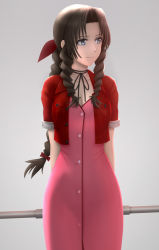 Rule 34 | 1990s (style), 1girl, aerith gainsborough, arms behind back, black neckwear, braid, breast pocket, breasts, choker, cleavage, closed mouth, cowboy shot, cropped jacket, dress, final fantasy, final fantasy vii, hair ribbon, highres, holding, holding staff, jacket, looking away, looking to the side, medium breasts, open clothes, open jacket, parted bangs, pink dress, pocket, red jacket, red ribbon, retro artstyle, ribbon, ribbon choker, short sleeves, single braid, siraha, smile, solo, staff, standing, unbuttoned