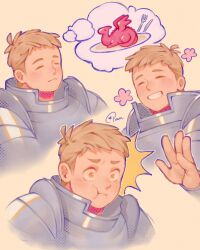Rule 34 | 1boy, = =, ^^^, absurdres, blonde hair, blush, cheek bulge, collage, cropped torso, dungeon meshi, eating, happy, happy aura, highres, hungry, laios touden, male focus, pan (pan p), thick eyebrows, thought bubble, wide-eyed, yellow eyes