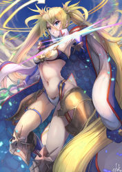 Rule 34 | 1girl, armor, armpits, bare shoulders, bikini, blonde hair, blue bikini, blue eyes, blush, boots, bradamante (fate), bradamante (third ascension) (fate), braid, breasts, cleavage, coat, crown braid, elbow gloves, fate/grand order, fate (series), faulds, gloves, grin, hair between eyes, halo, highres, jacket, jacket on shoulders, knee boots, light particles, long hair, looking at viewer, medium breasts, navel, ohako (ohako1818), open clothes, open coat, scepter, smile, solo, swimsuit, thigh strap, thighs, twintails, two-tone bikini, very long hair, white bikini, white coat
