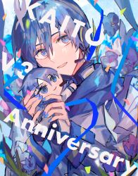Rule 34 | 1boy, anniversary, blue eyes, blue flower, blue hair, blue nails, blue scarf, bug, butterfly, confetti, english text, flower, headphones, headset, highres, holding, holding stuffed toy, insect, jacket, kaito (vocaloid), male focus, nail polish, nidu (2du du), open mouth, scarf, short hair, smile, stuffed toy, vocaloid