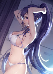 Rule 34 | 1girl, armpits, arms behind head, arms up, bare arms, bare shoulders, bikini, bison cangshu, breasts, cleavage, cowboy shot, hair tie in mouth, halterneck, large breasts, long hair, looking away, mouth hold, multi-strapped bikini, navel, ponytail, profile, purple eyes, purple hair, shinano (warship girls r), skindentation, solo, stomach, string bikini, swimsuit, thighs, very long hair, warship girls r, white bikini