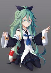 Rule 34 | 10s, 1girl, aidesa, bad id, bad pixiv id, black ribbon, black thighhighs, breasts, collar, detached sleeves, green hair, grey background, hair between eyes, hair ornament, hair ribbon, hairclip, highres, innertube, kantai collection, kneeling, long hair, looking at viewer, parted lips, ponytail, ribbon, sidelocks, simple background, small breasts, solo, swim ring, thighhighs, very long hair, wide sleeves, yamakaze (kancolle)