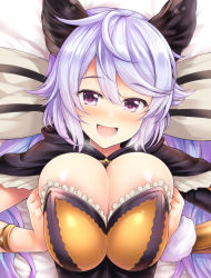 Rule 34 | 1girl, animal ears, areola slip, blush, bow, breasts, breasts squeezed together, capelet, cleavage, commentary request, granblue fantasy, hair between eyes, hair bow, heavy breathing, large breasts, long hair, looking at viewer, lying, on back, open mouth, purple eyes, purple hair, satyr (granblue fantasy), smile, solo, uni8, very long hair