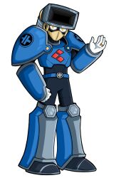 Rule 34 | 1boy, armor, belt, blue armor, blue belt, dust man, full body, jewelry, kusero 93, looking at viewer, mega man (classic), mega man (series), no mouth, ring, robot, shoulder armor, solo, standing, white background, yellow eyes