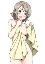 Rule 34 | 10s, 1girl, blue eyes, blush, breasts, brown hair, collarbone, commentary request, convenient censoring, cowboy shot, embarrassed, highres, holding, holding towel, legs together, looking at viewer, love live!, love live! sunshine!!, medium breasts, naked towel, nude, open mouth, sankuro (agoitei), shiny skin, short hair, simple background, solo, standing, teeth, towel, watanabe you, white background, yellow towel