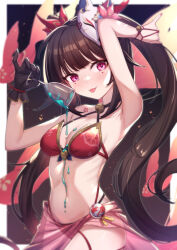 Rule 34 | 1girl, :p, animal, arm up, armpits, bare shoulders, bell, bikini, black gloves, blurry, blurry background, breasts, brown hair, cleavage, closed mouth, collarbone, commentary, cup, depth of field, fish, fox mask, gloves, highres, holding, holding cup, honkai: star rail, honkai (series), jingle bell, long hair, looking at viewer, mask, mask on head, medium breasts, nail polish, navel, neck bell, pouring, pouring onto self, purple hair, red bikini, red nails, sarong, see-through, single glove, smile, solo, sparkle (honkai: star rail), swimsuit, symbol-only commentary, tongue, tongue out, twintails, uneg, very long hair