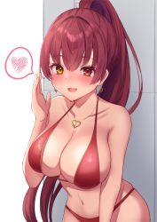 Rule 34 | 1girl, bikini, breasts, earrings, halterneck, hand up, heart, heart earrings, heart necklace, heterochromia, highres, hololive, houshou marine, houshou marine (summer), jewelry, large breasts, long hair, looking at viewer, mikoto paint, navel, necklace, red bikini, red eyes, red hair, solo, spoken heart, swimsuit, virtual youtuber