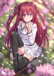 Rule 34 | 10s, 1girl, 3:, black thighhighs, blurry, blush, claire rouge, depth of field, falling petals, hair between eyes, hair ribbon, highres, injury, kazenokaze, knee up, long hair, long sleeves, looking at viewer, outdoors, petals, pleated skirt, red eyes, red hair, ribbon, school uniform, scrape, seirei tsukai no blade dance, sitting, skirt, solo, tears, thighhighs, torn clothes, torn thighhighs, two side up, very long hair