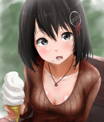 Rule 34 | 1girl, black hair, blush, bralines, branch, breasts, brown sweater, cleavage, food, food on face, grey eyes, haguro (kancolle), hair between eyes, highres, ice cream, ice cream cone, kantai collection, long sleeves, looking at viewer, medium breasts, open mouth, see-through, shirt, short hair, sitting, solo, sweater, tama (tamago), wet, wet clothes, wet shirt